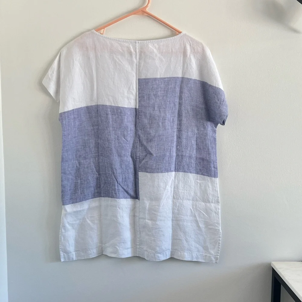 PURE JILL Top - White Linen Short Sleeve Pullover, Blue Color Block, Small‎ - Picture 6 of 8